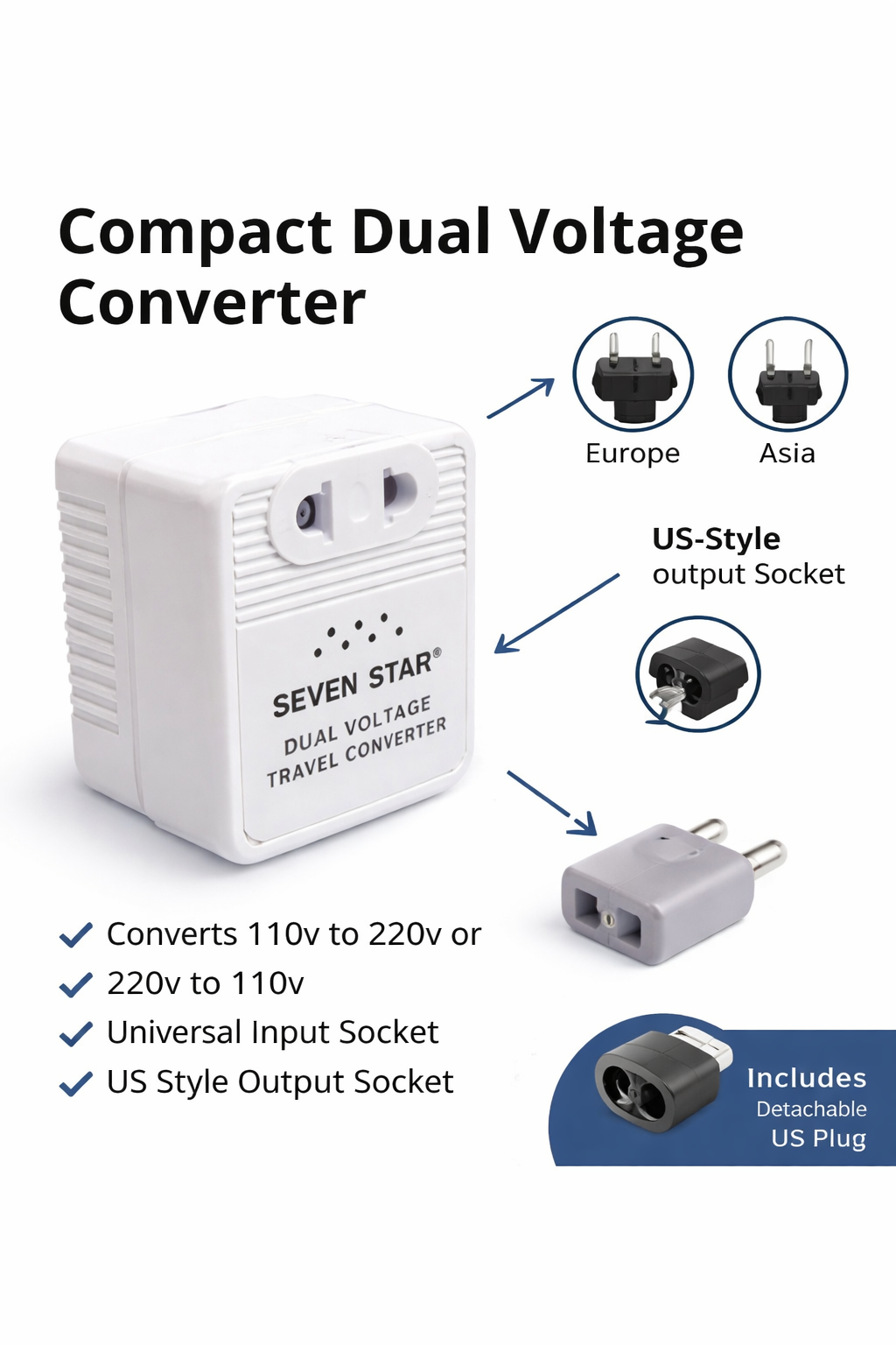 Seven Star Deluxe 50 Watt Step UP Travel Voltage Convertor, SS-214 110v to 220v