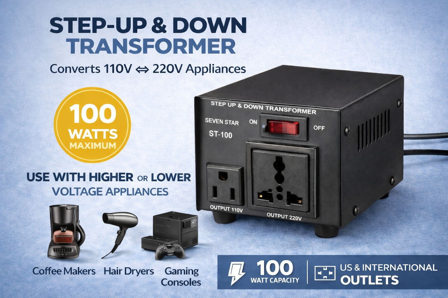 Seven Star ST-100, 100 Watts Step Up and Down Voltage Converter Transformer