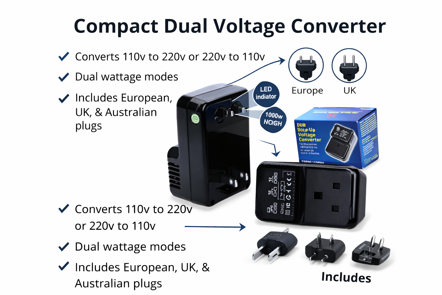 Seven Star 45W Step UP Travel Voltage Converter, MW-1PO45FK 110-120 volts to 220-240 Volt