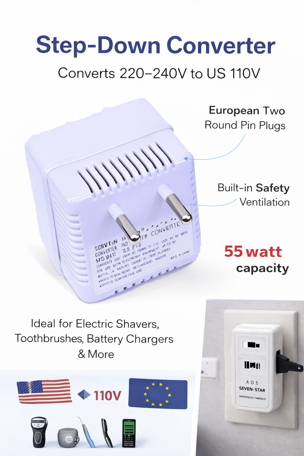 Seven Star SS-212 Voltage Converter 50 Watt Travel Step Down 220-240 Volts to 110-120 volts