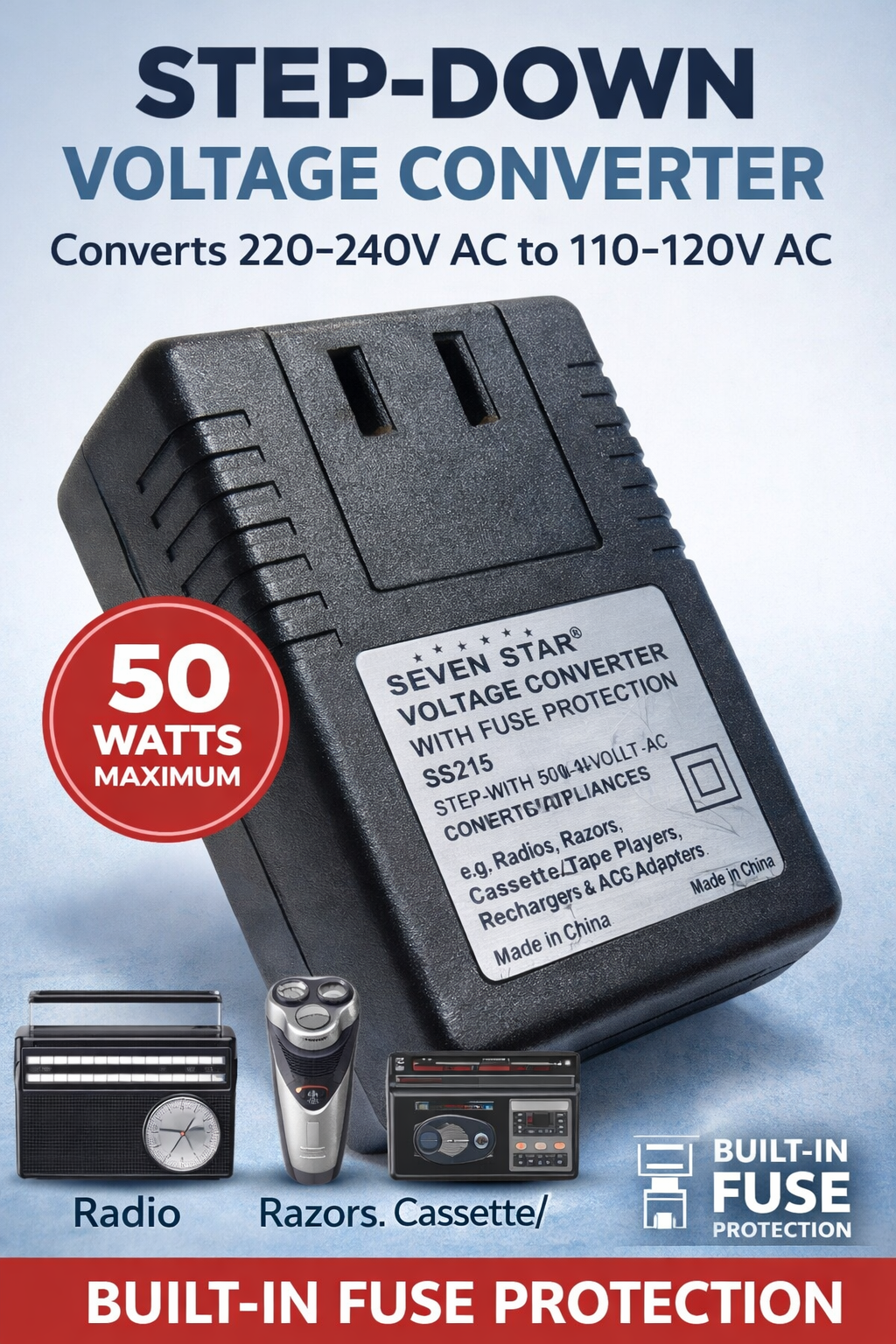 Seven Star 50 Watts Travel Voltage Converter for UK, SS-215 220-240 Volts to 110-120 volts