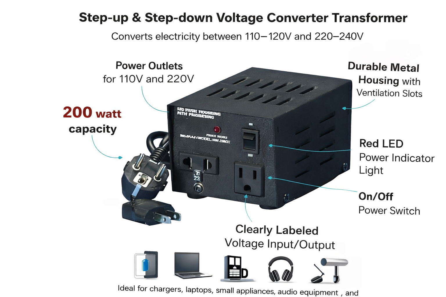 Seven Star TC-200, 200 Watts Step Up and Down Voltage Converter Transformer 110-220 Volts