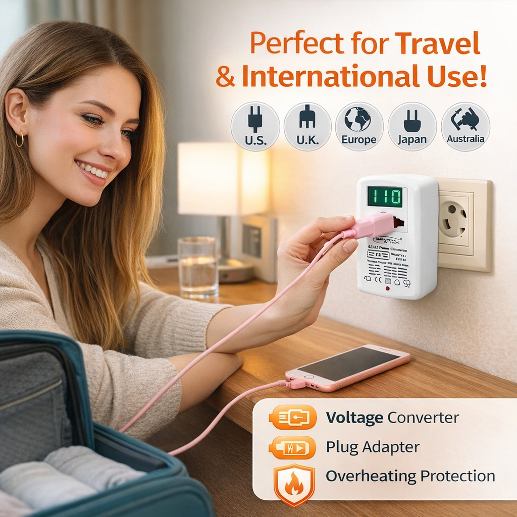 Compact 100W voltage converter for worldwide travel. Steps 110V to 220V or 220V to 110V. Features thermal fuse protection and universal input. CE marked.