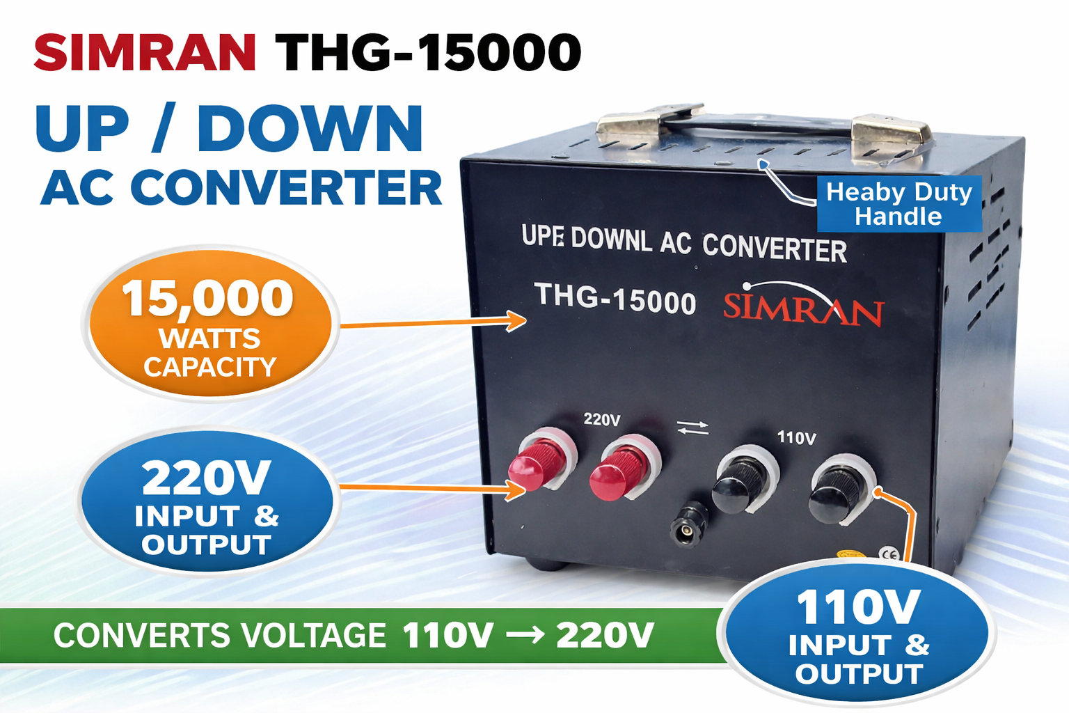 15,000 Watts Step Up and Down Voltage Converter Transformer, THG-15000 220 to 110 Volts, (CE Approved)