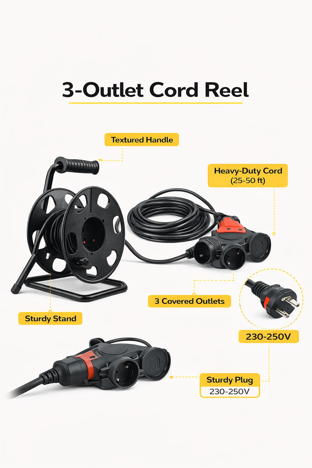 Regvolt Extension Cord with REEL 3 Outlet European SCHUKO Extension Cord 16 Amp 250 Volt with 3 Splash Proof outlets